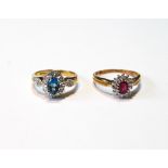 Diamond and spinel oval cluster ring and another, with ruby, both 9ct gold, sizes L and O, 6.3g.