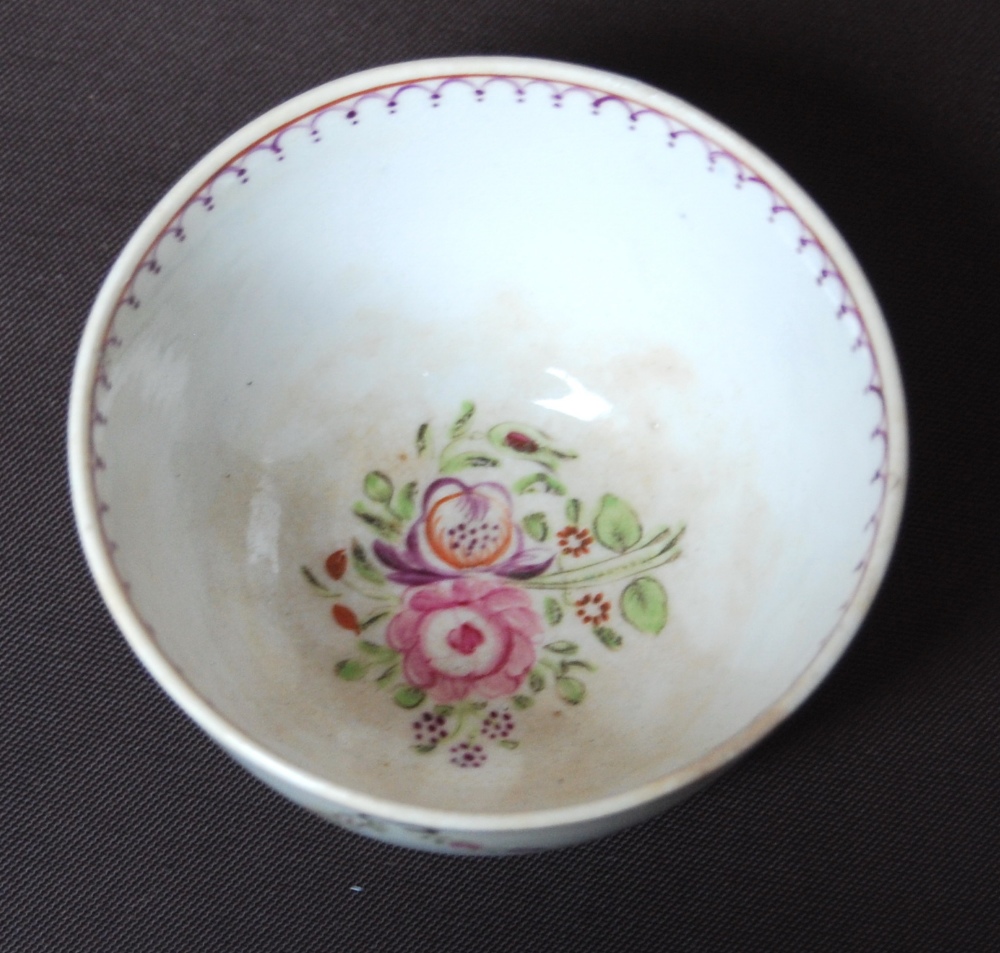 Late 18th century English porcelain tea bowl with two saucers, polychrome rose sprays & swags, - Image 9 of 13