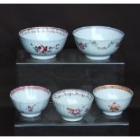 Five various Chinese, mainly 18th century, slop and sugar bowls, polychrome decorated with floral