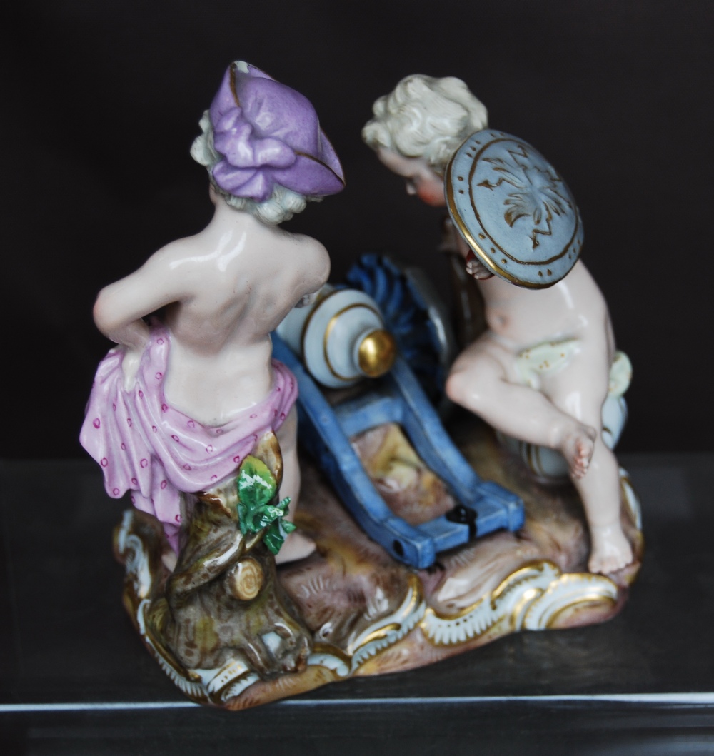 Pair of Meissen figure groups, each of two semi clad children playing at soldiers, one group with - Image 3 of 8