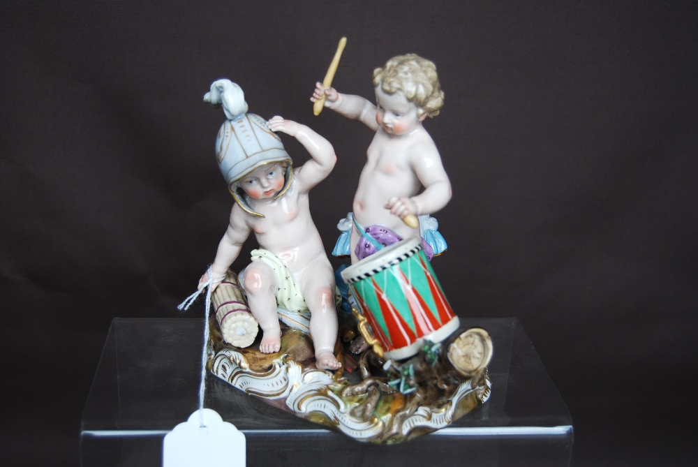 Pair of Meissen figure groups, each of two semi clad children playing at soldiers, one group with - Image 6 of 8