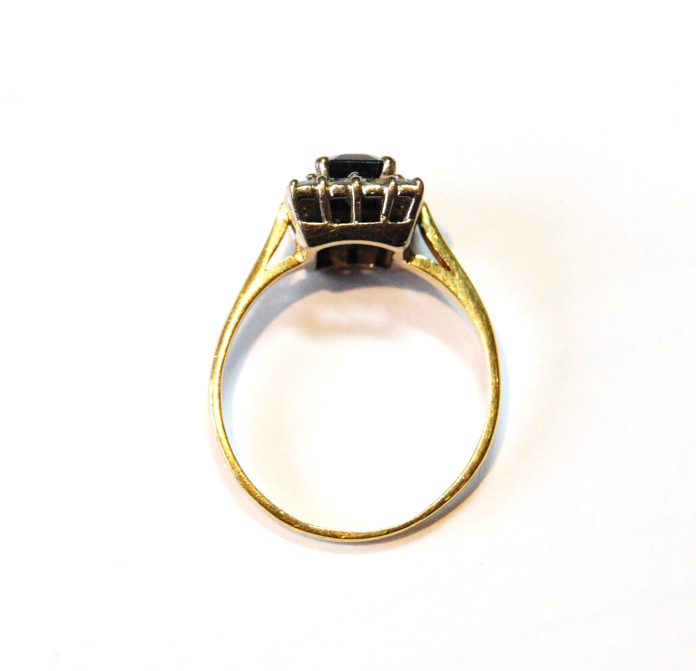 Diamond and sapphire rectangular cluster ring in 18ct gold, size P. - Image 2 of 3