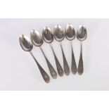Set of six antique Scottish provincial silver dessert spoons of oar pattern, monogrammed P, makers