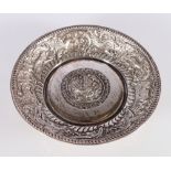 Sterling silver dish decorated in high relief with dragons, foxes and birds of paradise, stamped