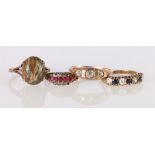 Antique yellow metal ruby and diamond ring, size H, 1.45g and three 9ct gold dress rings, (4)