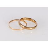 18ct gold plain wedding band ring, size L, 3g and another, size N, 0.6g, 3.6g gross, (2)