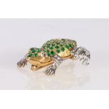 18ct gold and platinum frog brooch set with rows of round cut diamonds and emeralds, the eyes set