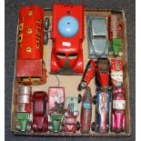 Wells Brimtoy or Mettoy clockwork tinplate Shell BP tanker, three similar racing cars, and other
