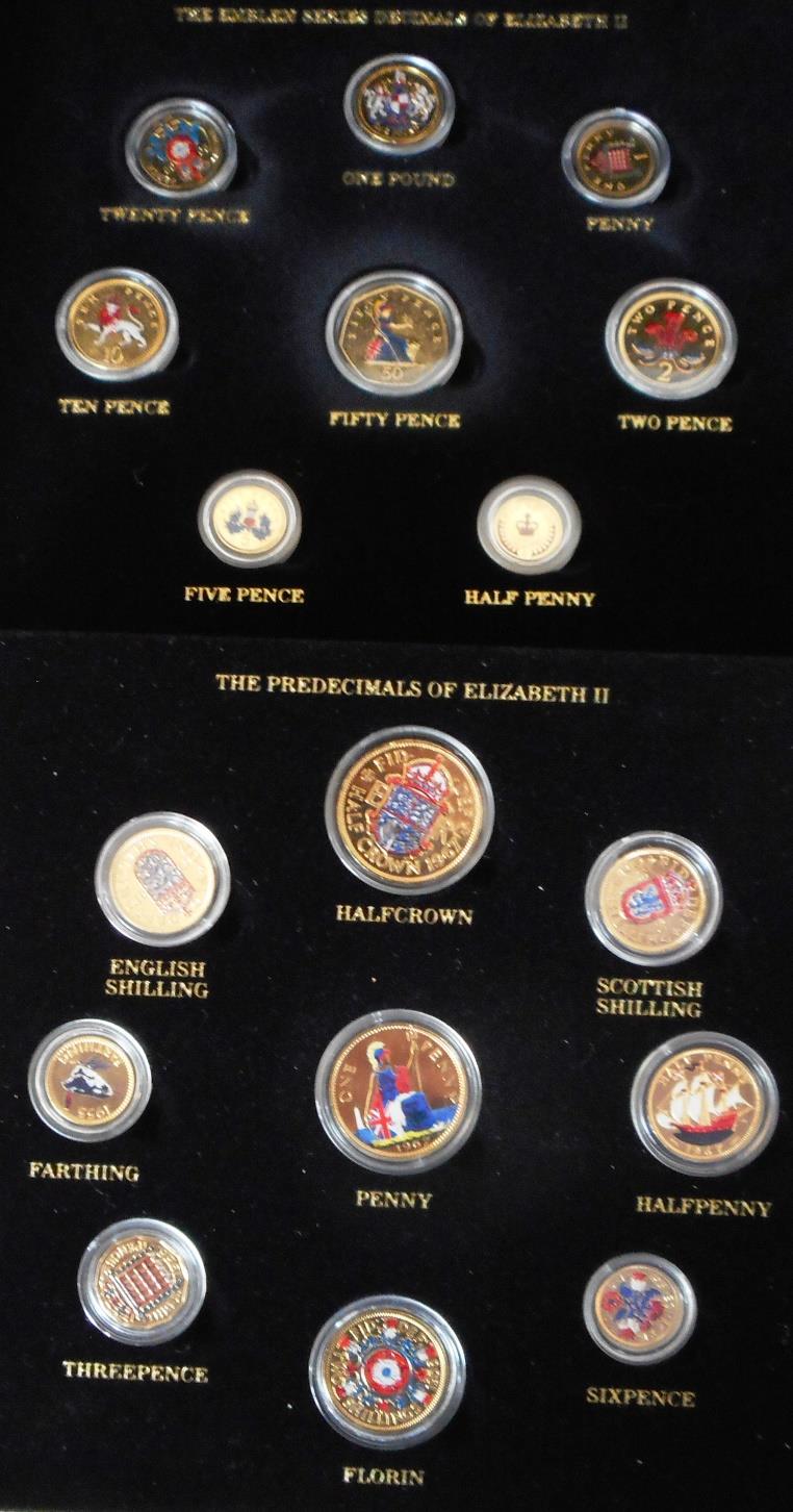 United Kingdom. (18) Set of Gold plated and coloured coins, both pre-decimal & decimal of EIIR. In