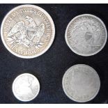 U.S.A. (4) Half dollar. 1853. NF. Quarter dollar. 1876. NF. Half dime. 1838. Fair. 5 cents. 1905.