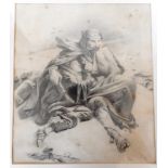 Pencil drawing of two figures during the French retreat from Moscow 1812. Mounted. 30cm x 34cm.