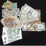 Small collection of British, American and foreign banknotes.