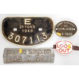 Railwayana. Collection of cast iron and alloy builder's plates, B.R. enamelled arm band 'Look