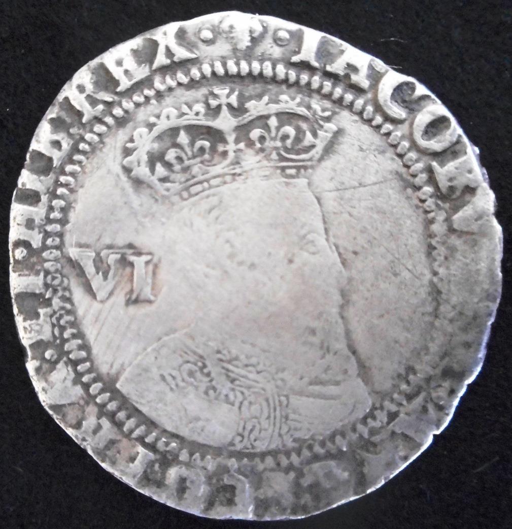 England. Hammered silver sixpence. James I. First coinage, 2nd bust 1604, mm lys. (SC 2648)