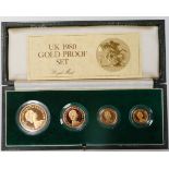 United Kingdom. Gold Proof four coin set. EIIR. 1980. £5, £2, sovereign, half-sovereign. Cased.