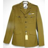 British Army dress uniform khaki green jacket having Rifles shoulder title, buttons, collar badges