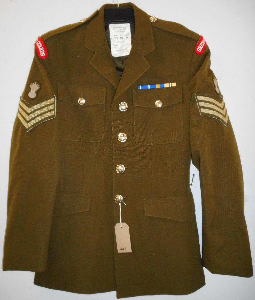 British Army dress uniform khaki green jacket having Staybrite buttons by Firmin, cloth Grenadier