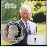 United Kingdom. Five pound crown. 2018. Prince Charles 70th birthday. Silver Proof Piedfort. Cased.