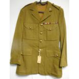 British Army dress uniform khaki green jacket having £rd Carabiniers brass buttons, collar badges