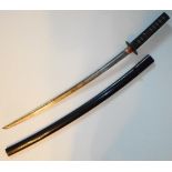 Japanese sword. 60cm fullered blade. Rusted iron tsuba. In lacquered scabbard.2