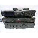 Three items of stackable audio equipment, Sony Minidisk deck MDS-JE510, Denon DVD + Audio player,