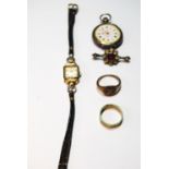 Lady's Marvin 9ct gold watch, 1955, on strap and four other items.  (5)