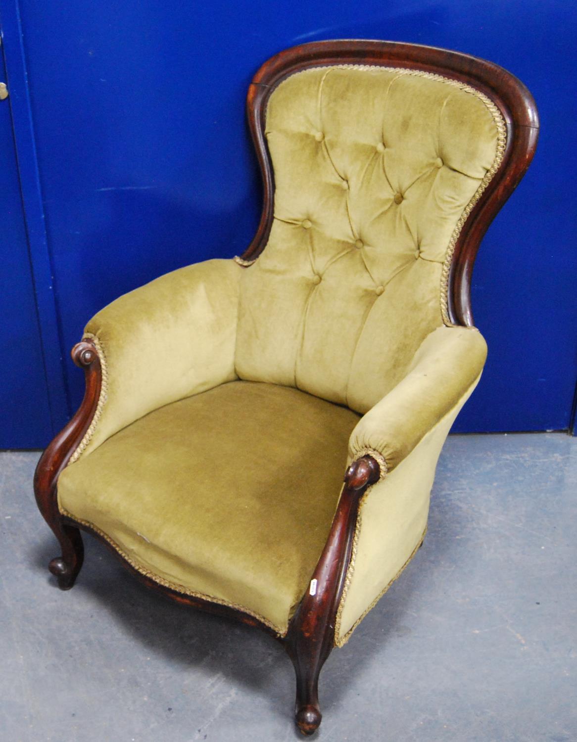 Victorian mahogany button-back armchair in green velour with moulded frame, scroll arms and cabriole - Image 2 of 2