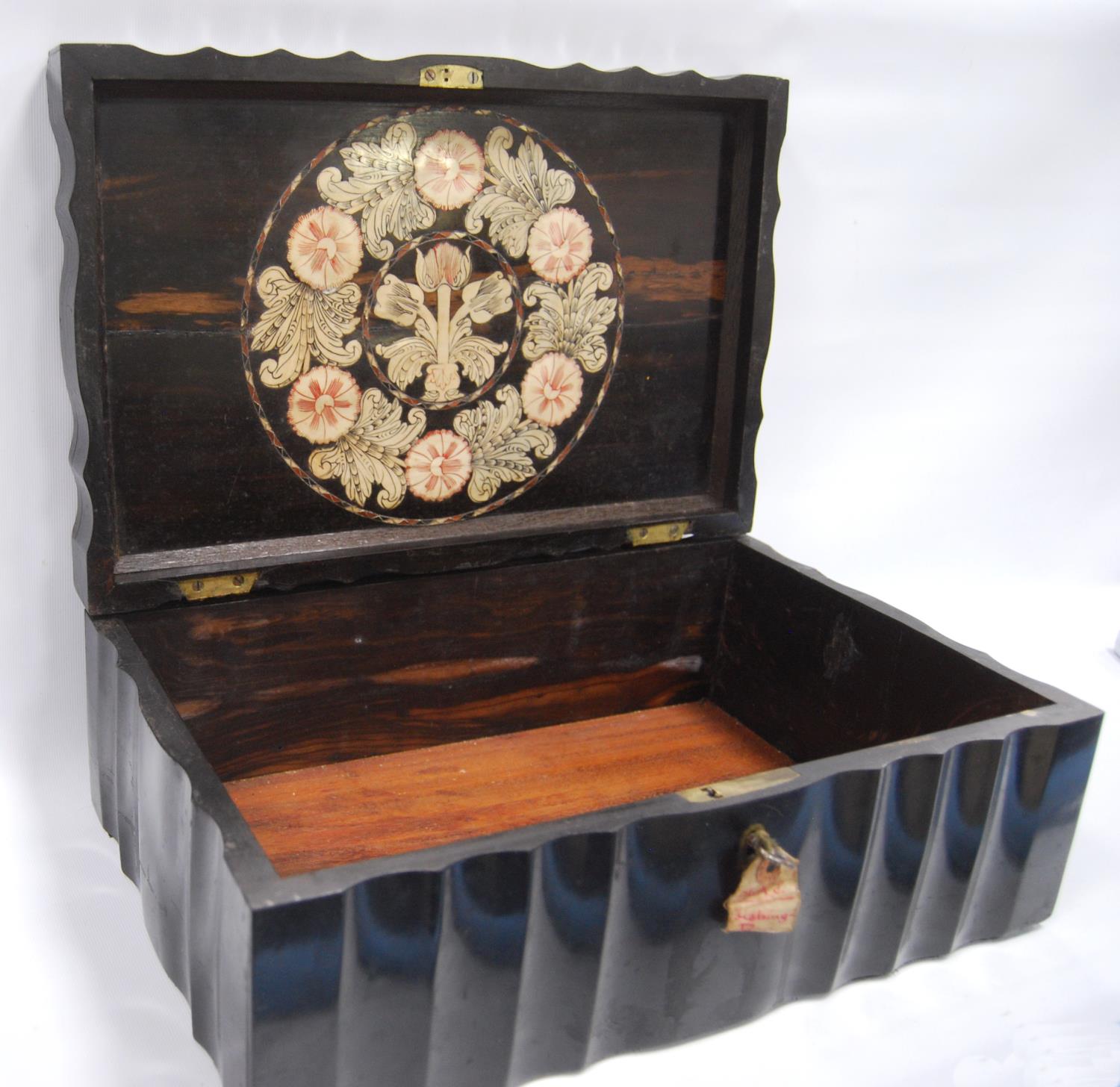 19th century coromandel box of serpentine form with floral inlay to the lid, 39cm wide, 25cm deep - Image 2 of 3