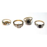 Cubic zirconia three-stone ring and three others, 9ct gold, 7.9g.