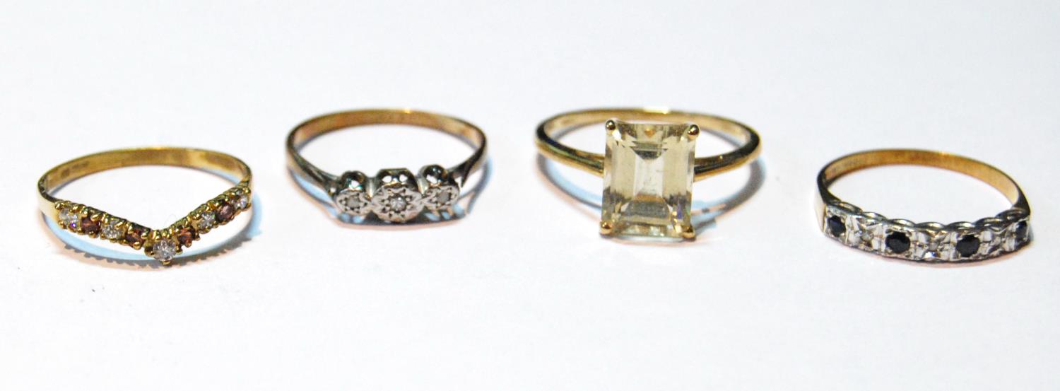 Citrine ring and three others, 9ct gold, 6g gross.   (4)