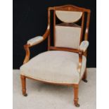 Late Victorian rosewood and inlaid open armchair with floral urn top rail over cushioned back and