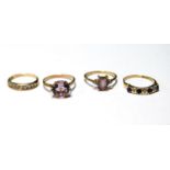 Four gem rings in 9ct gold, various, 8.3g.