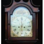 19th century mahogany longcase clock mounted by swan neck pediment, painted arch face, Roman