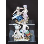 Pair of Meissen figure groups, each of two semi-clad children playing at soldiers, one group with