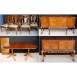 Fine burr walnut dining suite comprising of a Queen Anne style dining table including additional