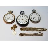 Two gold necklets, one with pendant, '9c', and another, gilt metal, 7g, and three watches.  (6)