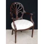 Hepplewhite style open armchair, the fleur-de-lys oval back over scroll arms, stuff-over seat,