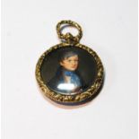 Early 19th century miniature portrait of a young man with blue cravat, in contemporary pendant