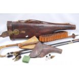 Leather Leg o' Mutton gun case, pistol case, cartridge belt, cleaning rods and sticks.