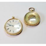 Two Geneva cylinder watches in gold open face cases, '18k'.