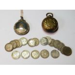 Various silver and other 3d pieces, also a brass sovereign purse and a paste-set silver miniature