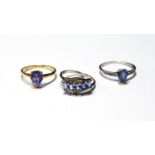 Two tanzanite rings in 9ct gold and another, silver.   (3)