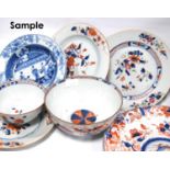 Assorted 19th century plates and bowls, including blue and white and Imari patterns.
