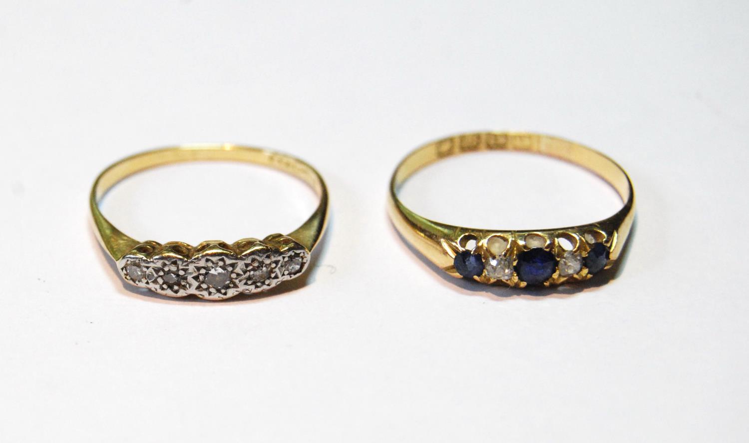 Gold ring with three sapphires and two diamonds, 1894, and a five-stone diamond ring, sizes S and