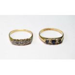 Gold ring with three sapphires and two diamonds, 1894, and a five-stone diamond ring, sizes S and
