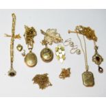 Gold leaf brooch, three lockets with necklets and various other items, mostly 9ct gold, 24g.