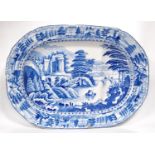 19th century blue and white meat plate with shaped base, 52cm wide and 38cm deep.