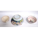 Three 19th century bowls, a Sunderland lustre bowl and two oriental style bowls, 27cm, 17.5cm and