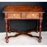 Late 17th or early 18th century oak side table, the moulded rectangular top over frieze drawers,