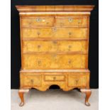 Queen Anne style walnut tallboy, the inlaid rectangular top and stepped cornice over two short and